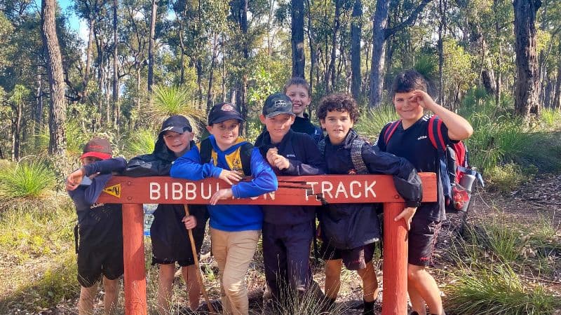 A group of young boys during a day hike on the Bibbulmun track with life trail