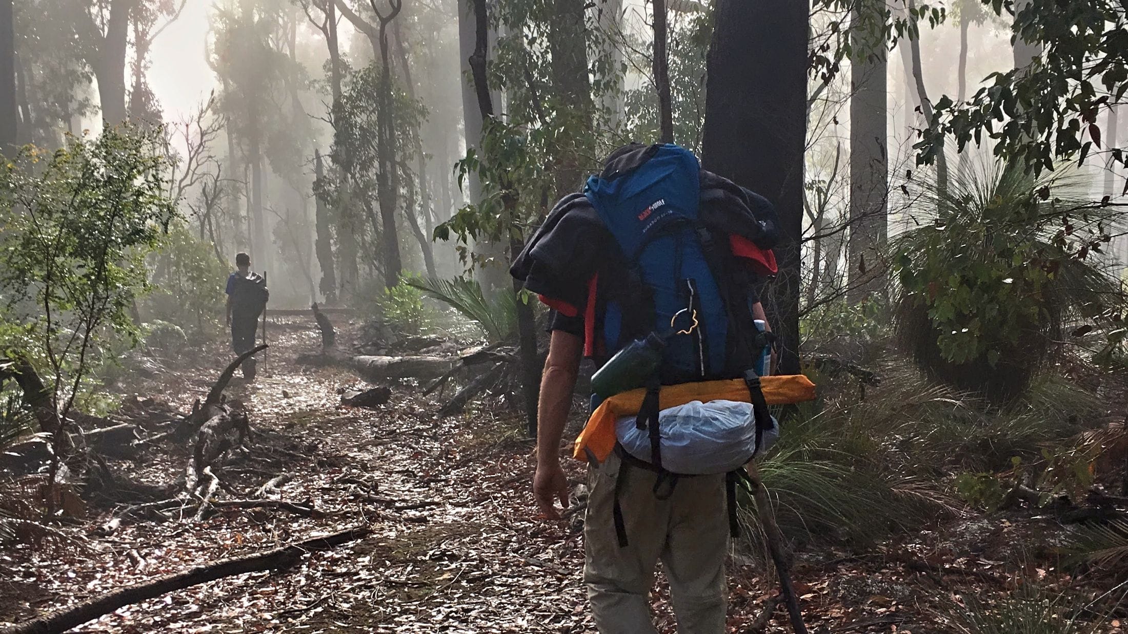 Father and son hiking with big backpacks
