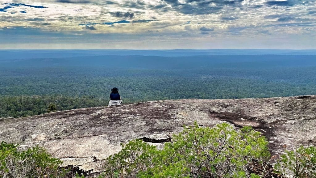 Teen girl overlooking forest from Mt Cooke