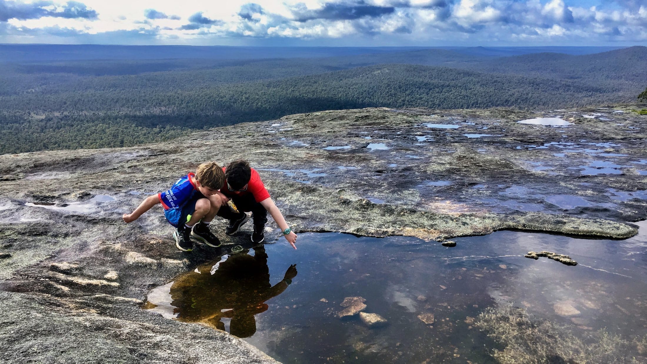 two young boys looking in a mountain pond