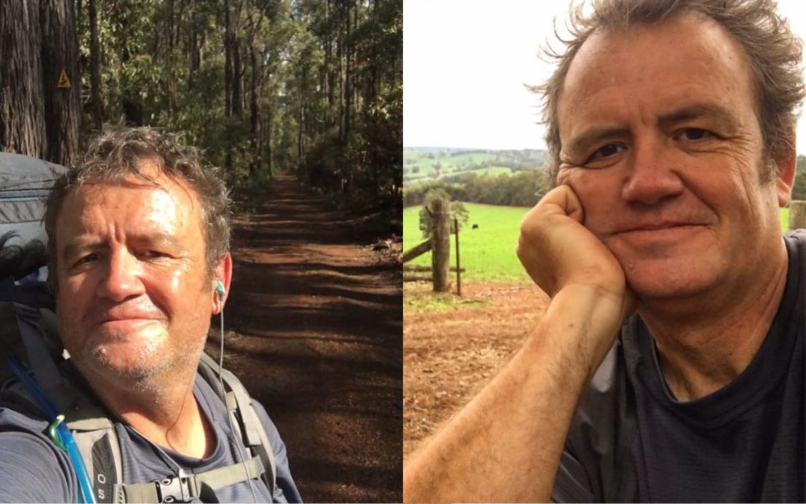 two photos of the same man after a hike