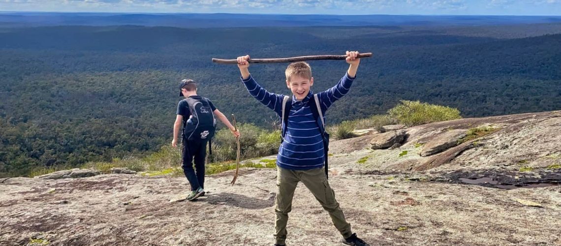 two young boys during a day hike on Mt Cuthbert, Bibbulmun Track with LifeTrail